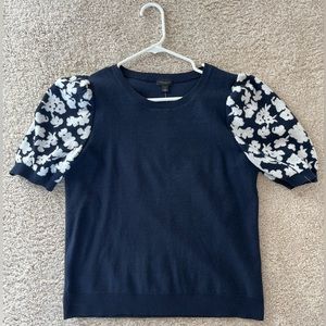 NYT: Ann Taylor Factory Navy + Floral Puff Sleeve Sweater Top